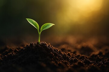 Young Green Seedling Growing from Soil under Warm Morning Light – Symbol of New Life and Hope