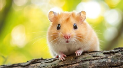 Golden Hamster Resting on a Branch with Blurry Green Background