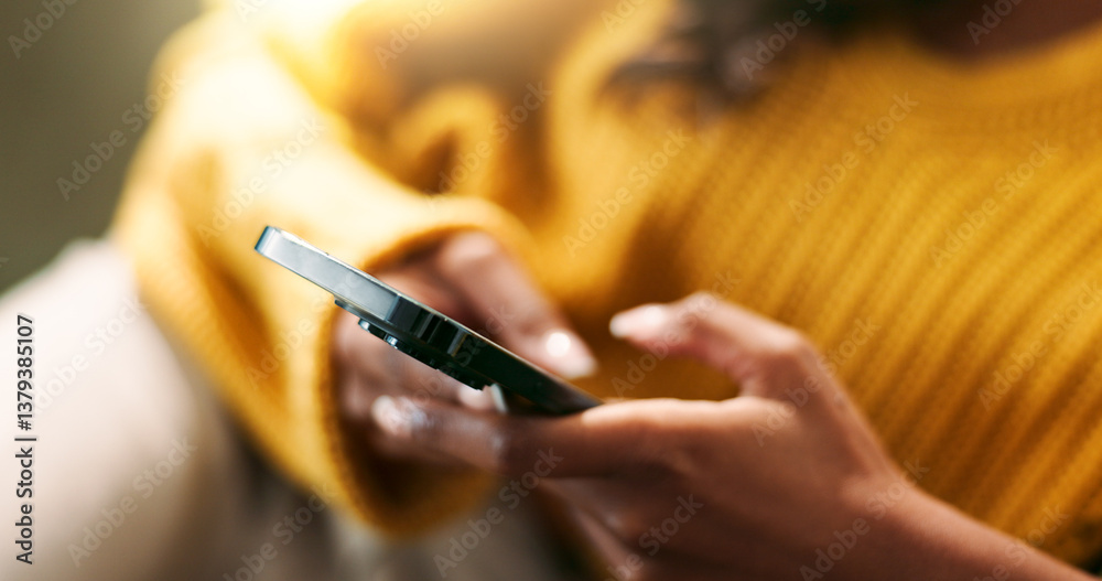 Poster Hands, connection and using phone in home for typing, scroll and text message on sofa. Female person, networking and mobile app for creating profile, chat and explore on dating website in living room