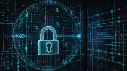 Digital security concept with glowing padlock, network lines, and abstract data stream