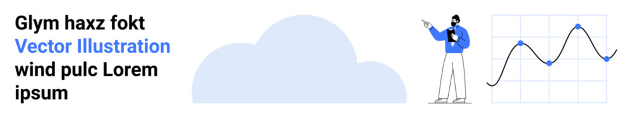 Man pointing at data graph with upward and downward trends near cloud shape. Ideal for data analysis, forecasting, weather report, education, presentation, minimal branding, information technology