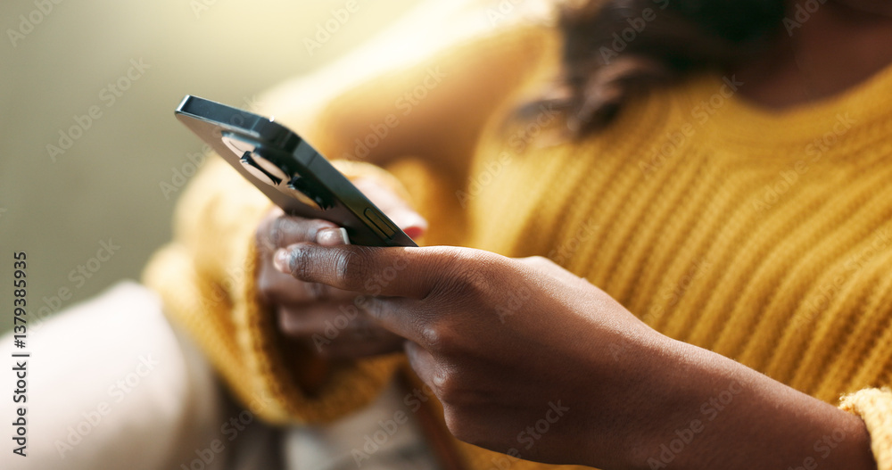 Aufkleber Hands, connection and using phone in home for scroll, typing and text message on sofa in living room. Female person, network and mobile app for creating profile, chat and explore on dating website