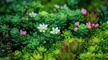 Lush Green Succulent Plants with Delicate Pink and White Flowers