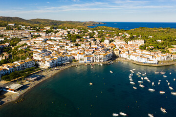 Fototapeta premium View from drone of Spanish town of Cadaques on bay in Cap de Creus peninsula on Costa Brava