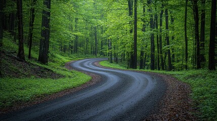 Obraz premium Winding Forest Road, Lush Green Trees, Tranquil Nature Scene