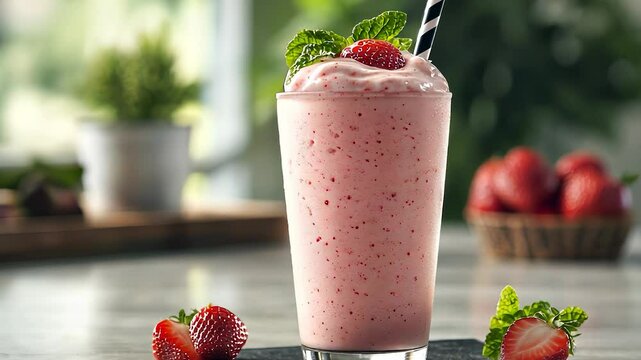 Strawberry milkshake. Room with table and a strawberry drink. A glare tube light up a berry. A milkshake made with lifestyle strawberries.