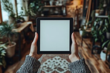 Hands Holding Tablet with Blank Screen in Minimalist Workspace Modern Digital Art