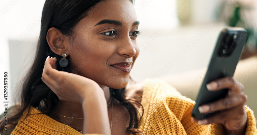 Poster indian woman, connection and phone in home for reading, typing and text message on sofa in lounge. g