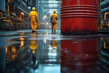 Environmental Engineers Inspecting Chemical Spill at Industrial Facility