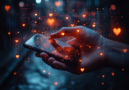 Close-up Hand Holding Smartphone Typing Message with Glowing Social Media Icons in Modern Minimalistic Style