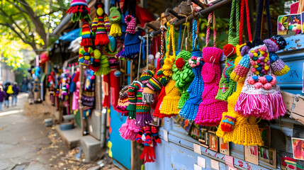 Colorful handcrafted items hanging for sale in a vibrant market setting.