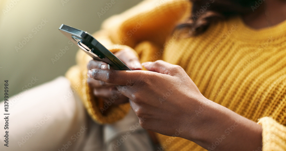 Aufkleber Hands, connection and phone in home for scroll, typing and text message on couch in living room. Female person, network and mobile app for creating profile, chat and explore on dating website on sofa