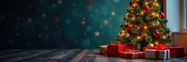 Beautiful Christmas tree surrounded by ornaments and presents, festive, ornaments, holiday