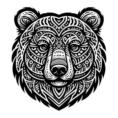 Clean Tribal Black and White Bear Head Vector Drawing with Intricate Patterns