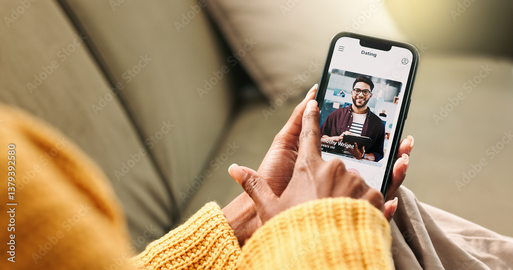 Poster hands, woman and phone screen for dating app at house with online meeting, profile match and connect