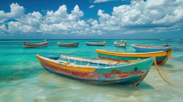 A serene coastal scene featuring colorful wooden boats anchored in crystal-clear turquoise waters, with a backdrop of fluffy white clouds against a bright blue sky. The boats exhibit a weathered charm