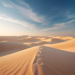 A vast desert landscape with rolling sand dunes under a bright blue sky that is highly detailed and high resolution