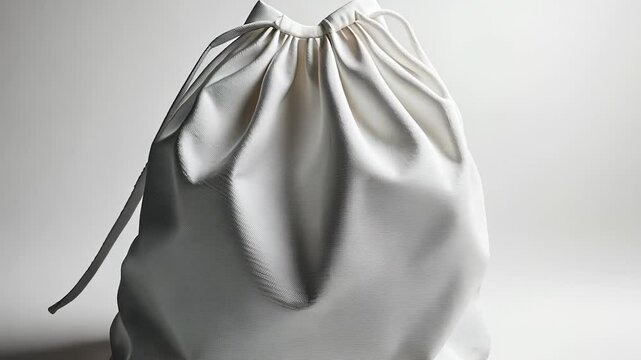White drawstring bag. A room with a white and gray bag. A wall of light glares on the floor. A white lifestyle cinch bag.