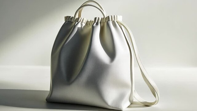 White drawstring bag. A room with a white and gray bag. A wall of light glares on the floor. A lifestyle white cinch bag.