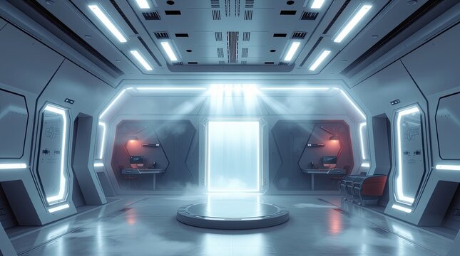 A futuristic room with glowing lights and a central portal