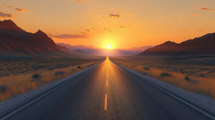 The long road leading to the desert at sunset, with mountains in the background. The road is empty and straight, with a yellow lighting