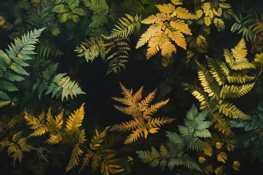 Detailed close-up of various fern leaves in shades of green and gold, creating a textured border around a dark center