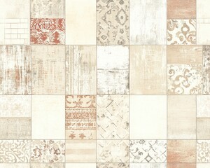 Fototapeta premium Patchwork tile design, neutral tones, textured surface, vintage aesthetic tile pattern
