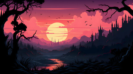 Pixel Art of Mountain Landscape at Sunset with Silhouetted Trees and River Featuring a Gradient Sky