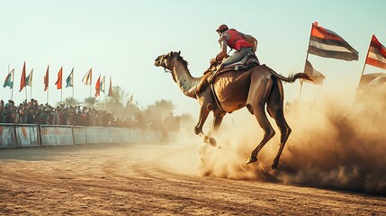 Naklejka premium A camel racing event featuring a rider in a red shirt on a sandy track, surrounded by enthusiastic spectators and flags waving in the background, capturing the excitement and speed