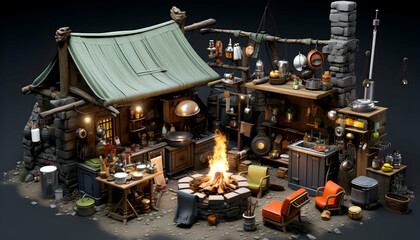 Pixel Art Outdoor Scene with Rustic Hut Cabin and Bonfire Featuring Warm Lighting and Various Cooking Utensils in a Countryside Setting