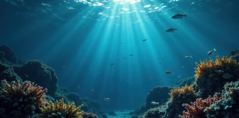 Dark blue ocean surface with schools of small fish and seaweed swaying in the current , underwater, sea