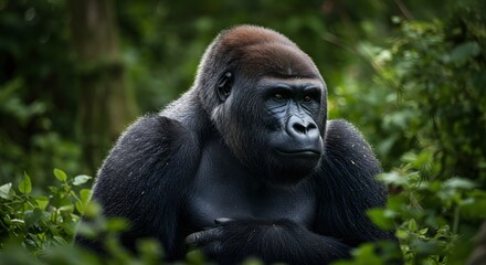 Obraz premium Powerful gorilla portrait amidst lush greenery in its natural habitat