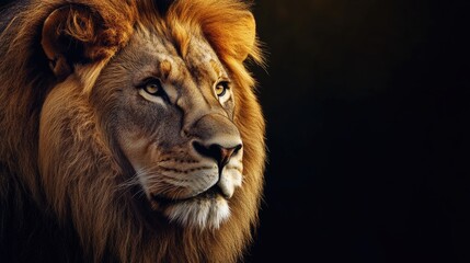 Naklejka premium Lion Portrait with Majestic Mane Looking to the Side in the Dark
