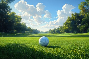 Golf Ball on Tee in Beautiful Green Golf Course with Lush Grass and Clear Sky
