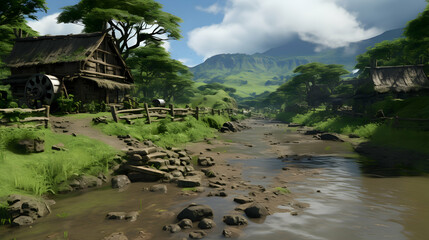 Rustic Wooden House Beside a Muddy River with Mountain Backdrop in Sunny Day