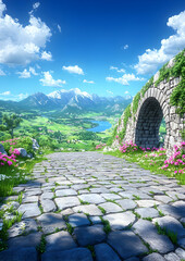 Stone Pathway Leading to Mountain View Through Archway with Green Valley and Alpine Peaks Under Blue Skies