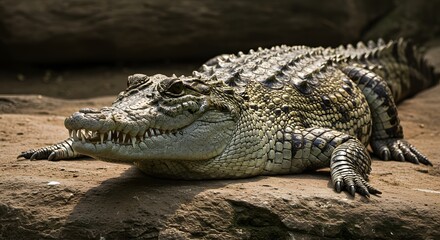 Fototapeta premium Dangerous Crocodile Resting on a Rock, Showing Teeth in Natural Habitat