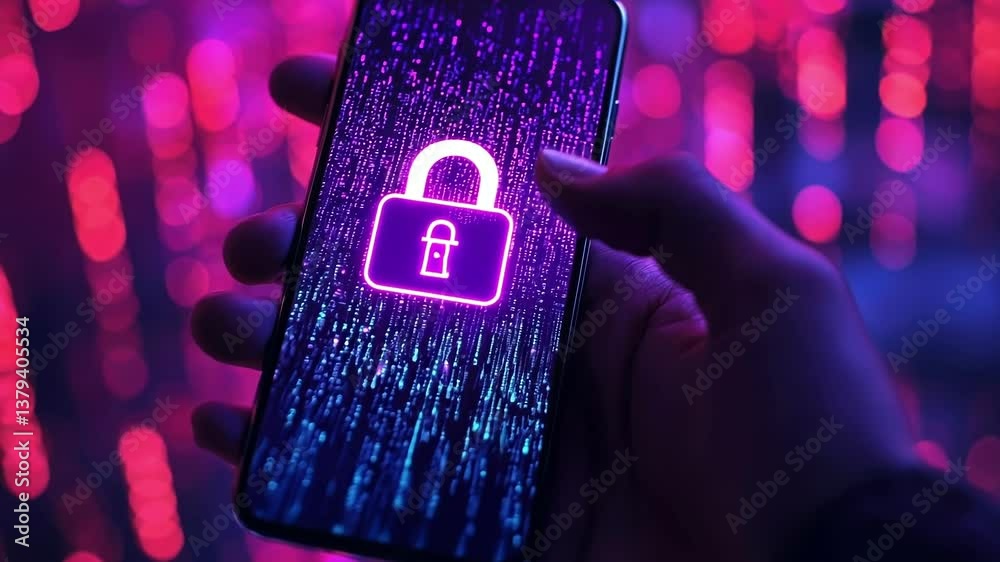 Poster hand holding smartphone displaying security lock over data stream, suggesting secure mobile access a