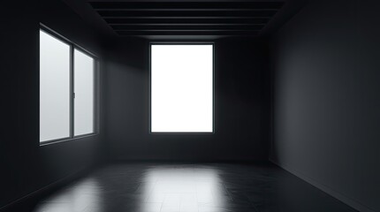 Fototapeta premium A dark modern room with large bright windows present