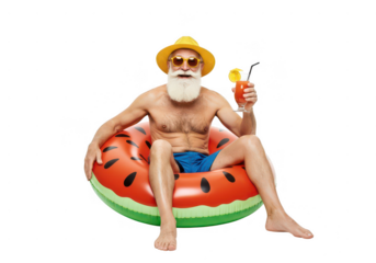 Senior man summer vacation with inflatable and cocktail drink on transparent