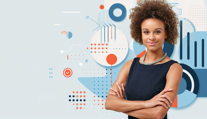 Professional, woman and portrait by animation background with arms crossed for company, career and pride. Confident, person and data analyst by charts for business intelligence, infographics and work