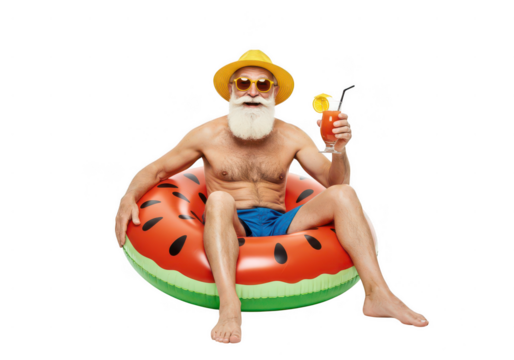 Senior man summer vacation with inflatable and cocktail drink on transparent