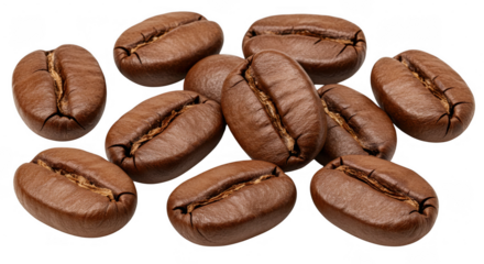 Premium roasted arabica beans close up for beverage concept on transparent
