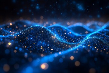 Blue glowing abstract network of particles and waves in digital space