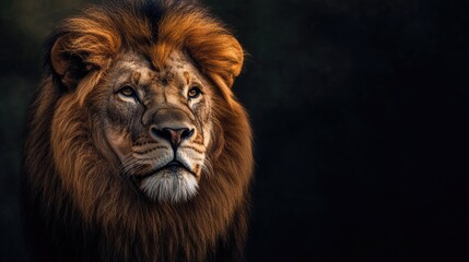Naklejka premium Majestic Lion Portrait with a Serious Gaze on Dark Background