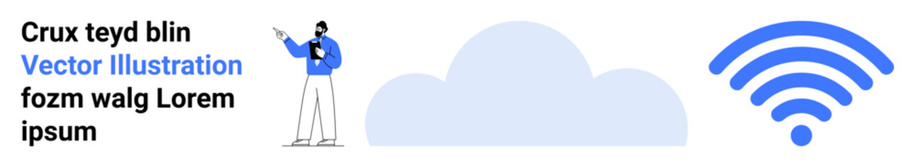 Person analyzing data on a tablet next to a cloud and large wireless signal. Ideal for connectivity, data storage, remote work, tech solutions, cloud services, IT support, simple landing page