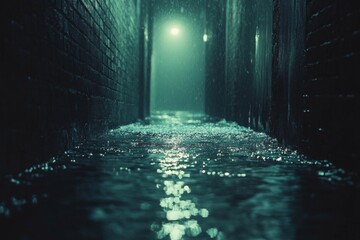 Mysterious dark alley with wet pavement and green lighting at night