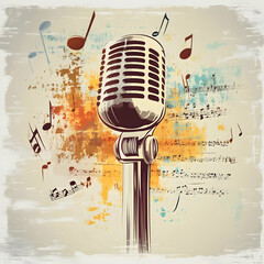 A vintage microphone surrounded by musical notes and colorful splashes.