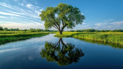 Obraz premium Serene tree reflected in tranquil river, idyllic rural landscape