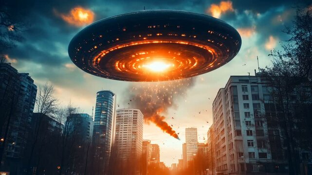 An Intense and Dramatic UFO Encounter Over a Bustling Urban Cityscape During Dusk with a Gorgeous Fiery Sunset